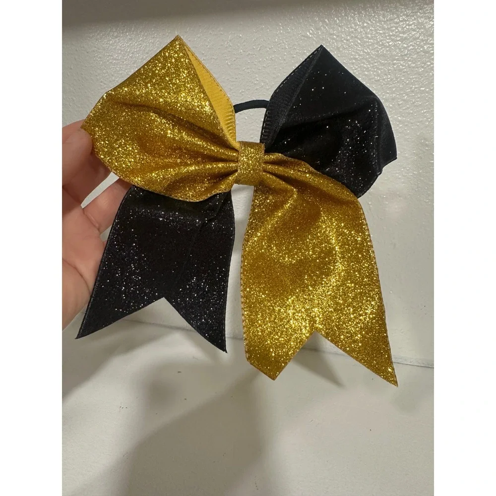 Set of 6 Kids Cheerleader Bows Gold Black Glitter Sparkle‎ Hair Accessories